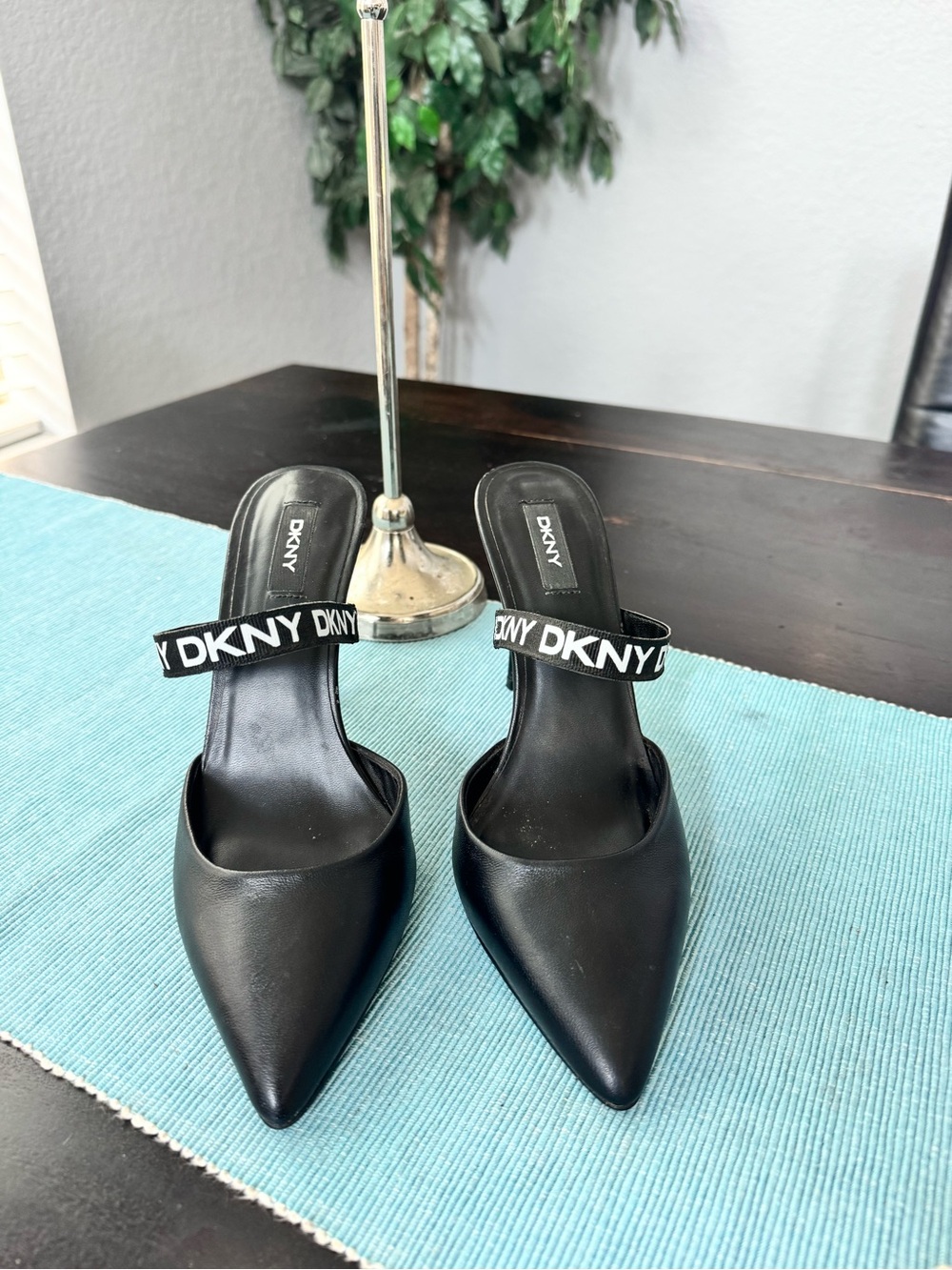 DKNY Black Pointed Mule with Logo Strap size 8